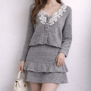 Alpaca Wool Blended Gray Lace-Trimmed Women's Sweater Set